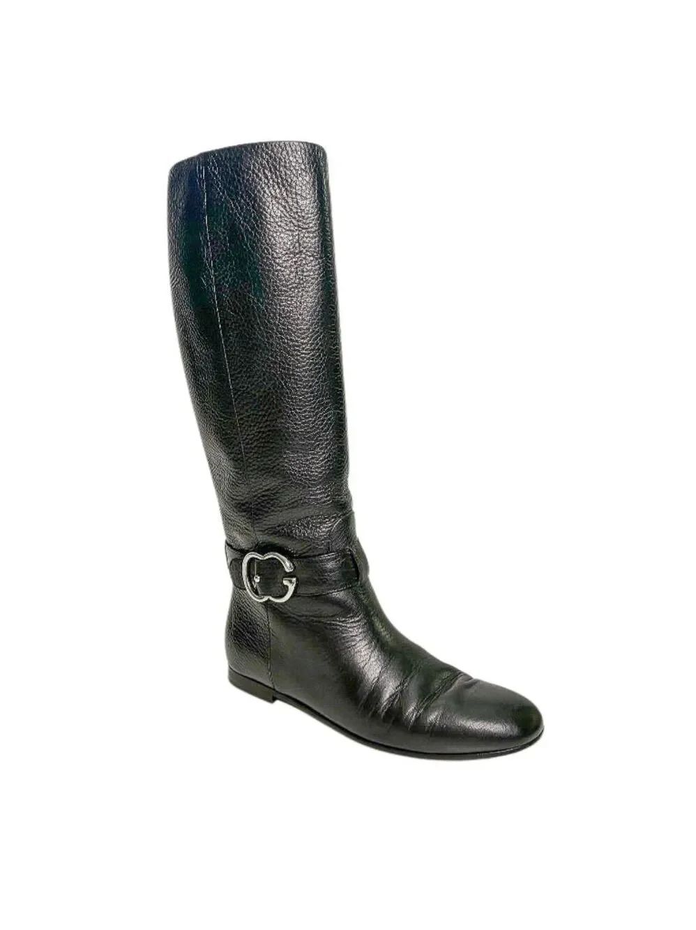 Gucci Sachalin Interlocking GG Riding Boots Black Leather EU 37 Knee High